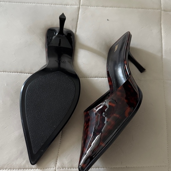 Zara Women's Glossy Black and Brown Pointed Mules - Picture 2 of 4